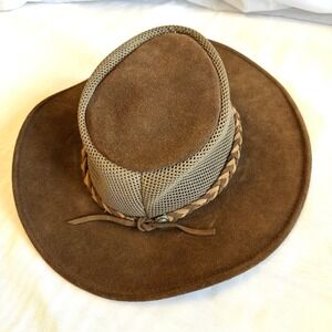 Wilsons Leather Mens Large Brown Suede Mesh Outback Safari Hat Wide Brim USA